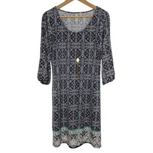 Tacera Womens Floral Geometric Paisley Dress Sz‎ M Navy 3/4 Sleeve Slit Necklace
